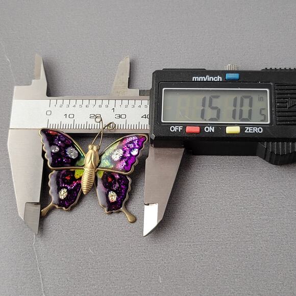 Vintage Enamel Butterfly Brooch Pin, Purple Green Glitter Accents, 1.5 Inch - Picture 5 of 6